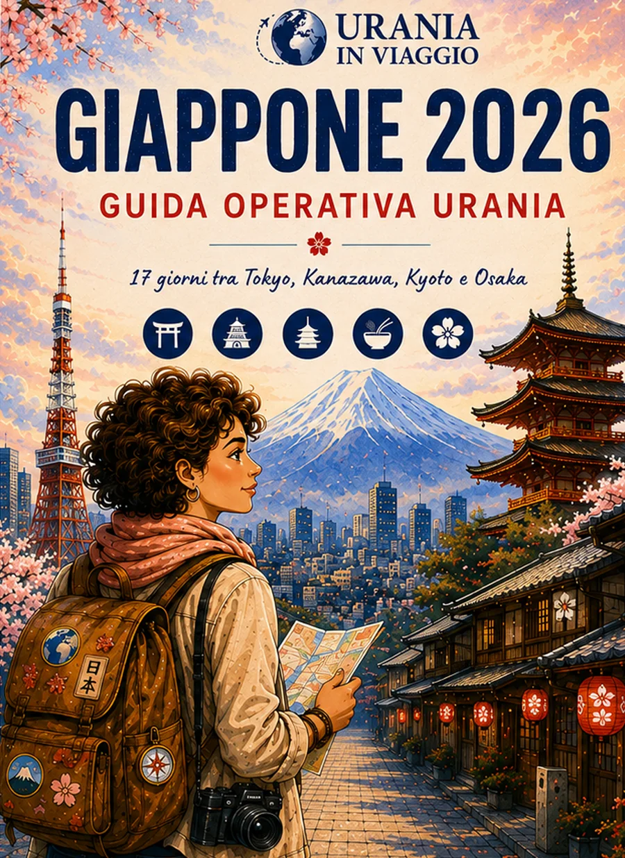 Copertina della Guida Giappone 2026 di Urania in Viaggio: una viaggiatrice con lo zaino guarda la Tokyo Tower, il Monte Fuji e una pagoda