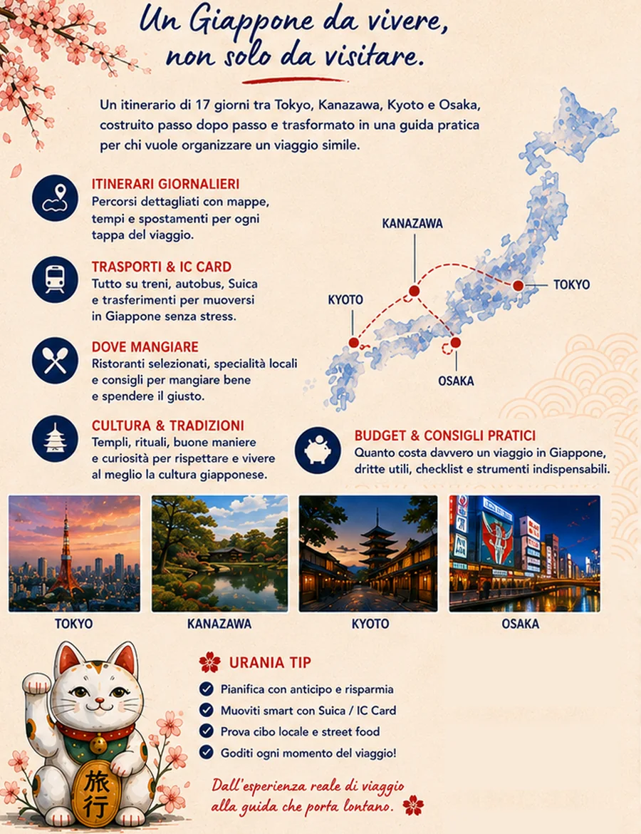 Retro di copertina: cinque aree della guida, mappa del percorso Tokyo, Kanazawa, Kyoto, Osaka e i consigli Urania Tip