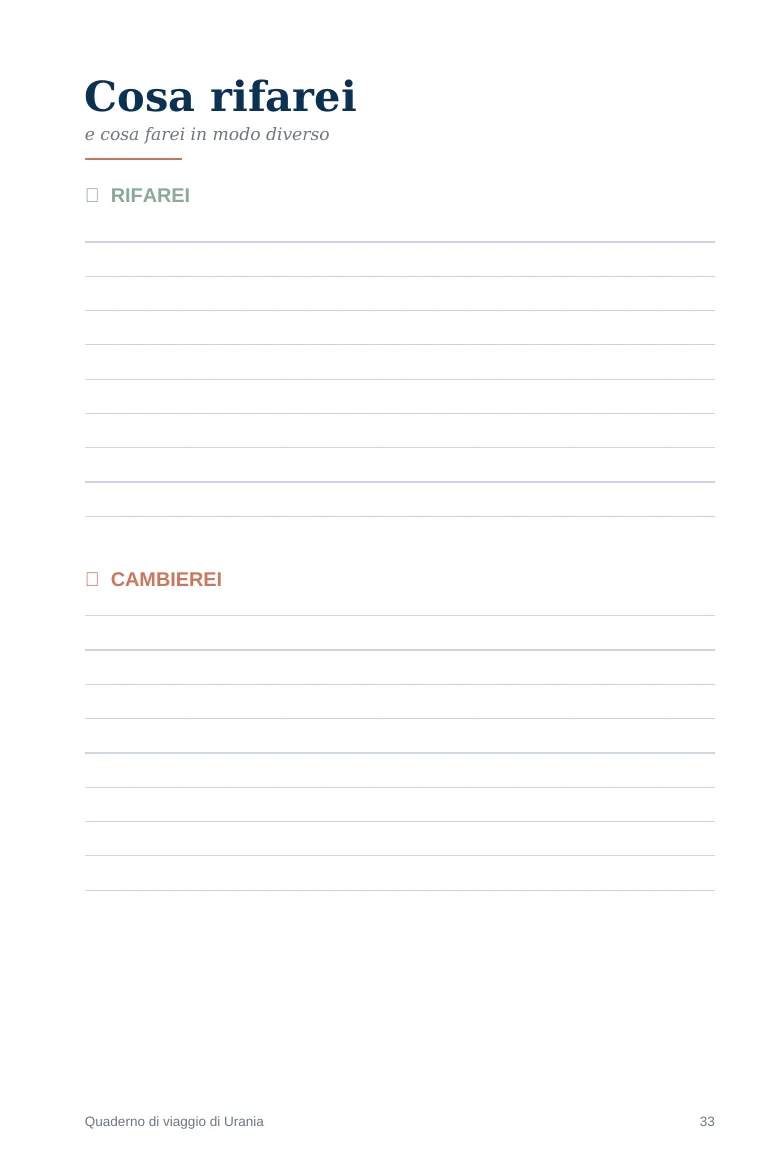 Pagina Cosa rifarei e cosa cambierei, con righe per scrivere