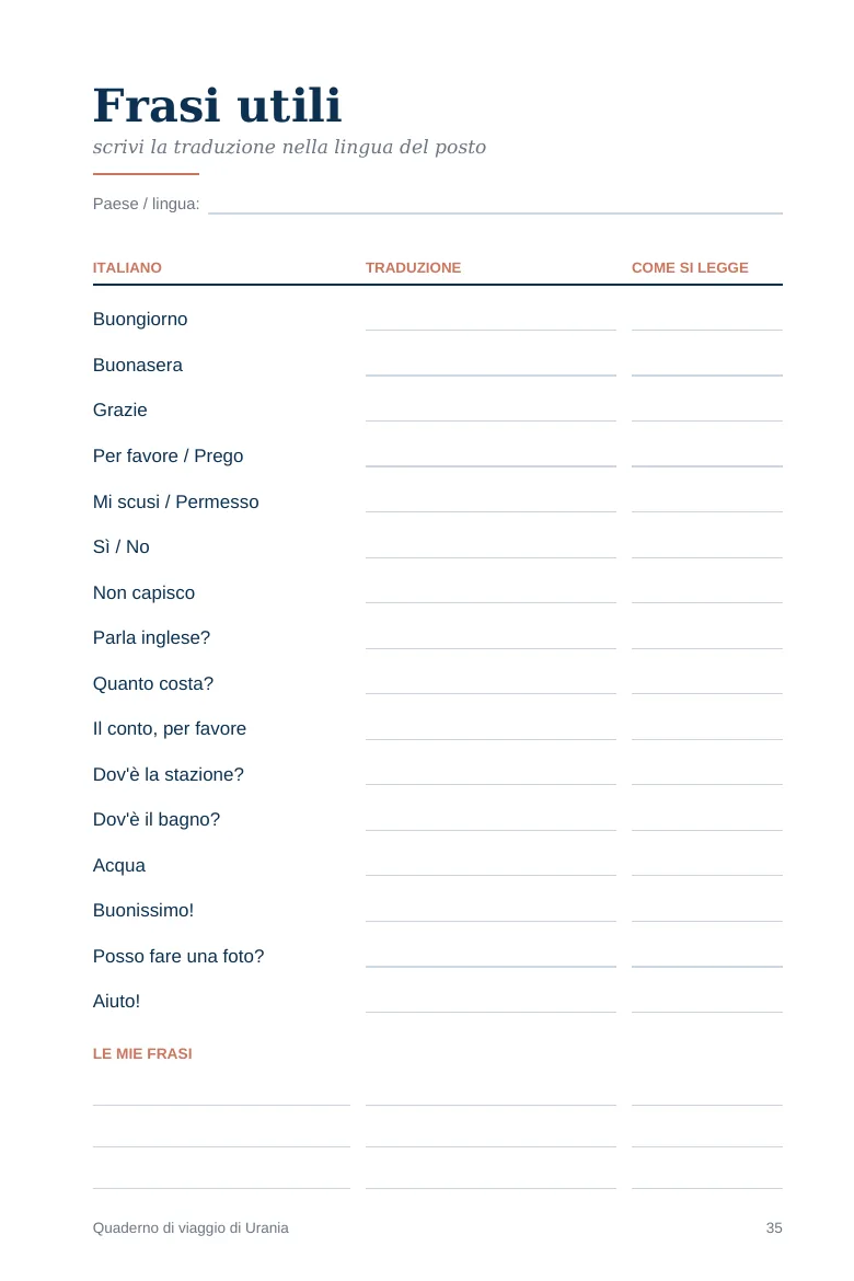 Pagina Frasi utili: frasi in italiano da tradurre nella lingua del posto